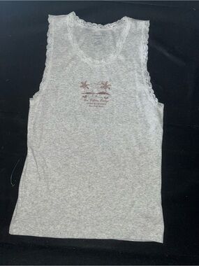 American Eagle Outfitters Heather Gray Lace-Trim Tank with Palm Graphic